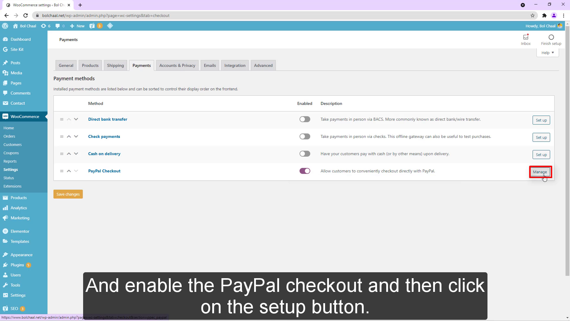 Y habilite el pago de PayPal y luego haga clic en el botón de configuración.